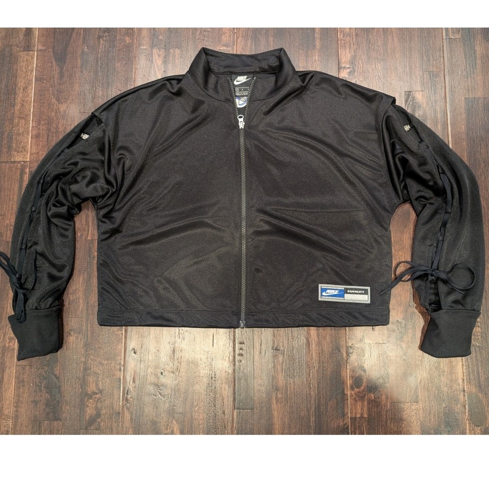 Team Nike Equality Womens M Cropped Black Zip Up Track Jacket Lace Up Tie Sleeve